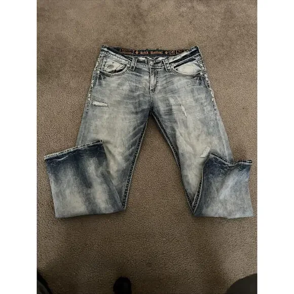 Rock Revival Jeans Mens Fenn 38 Relaxed Straight Blue Distressed